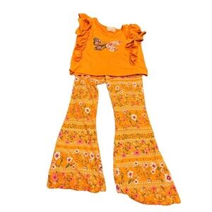 Btween Orange Floral Ruffle Butterfly Top Bell Bottom Pants 6X Girls Outfit